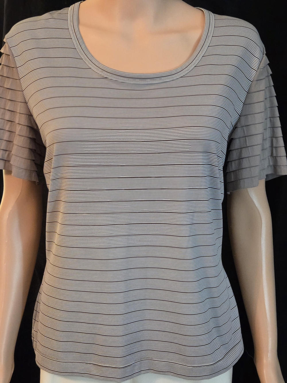 St. John Striped Scoop Neck Short Layered Sleeve Tee in Light Taupe